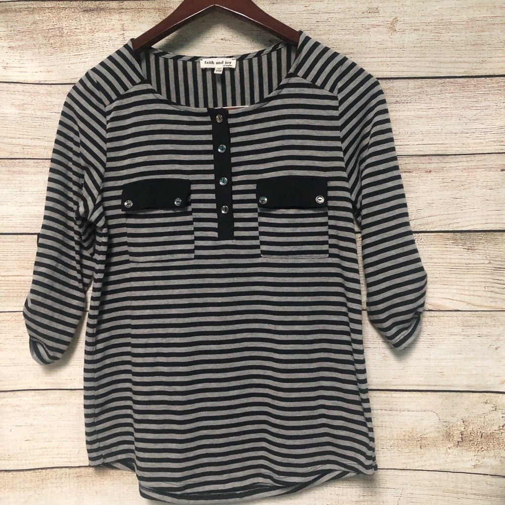 Casual Comfy Black & Grey Stripe 3/4 Sleeve Top